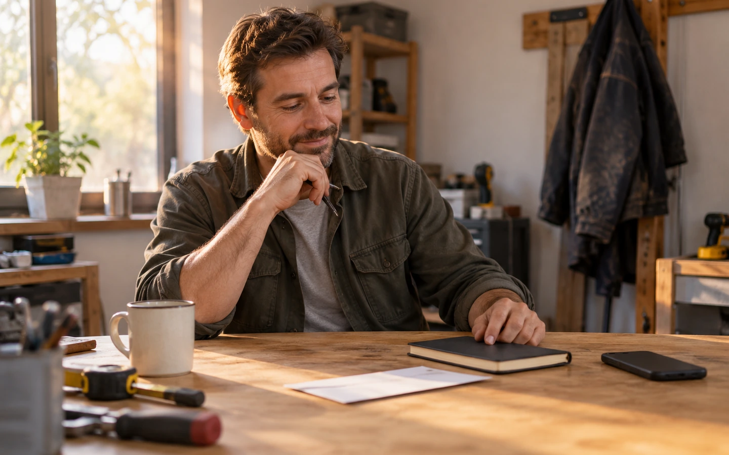 A tradesperson at a kitchen table late in the evening checking invoices on a phone and notepad