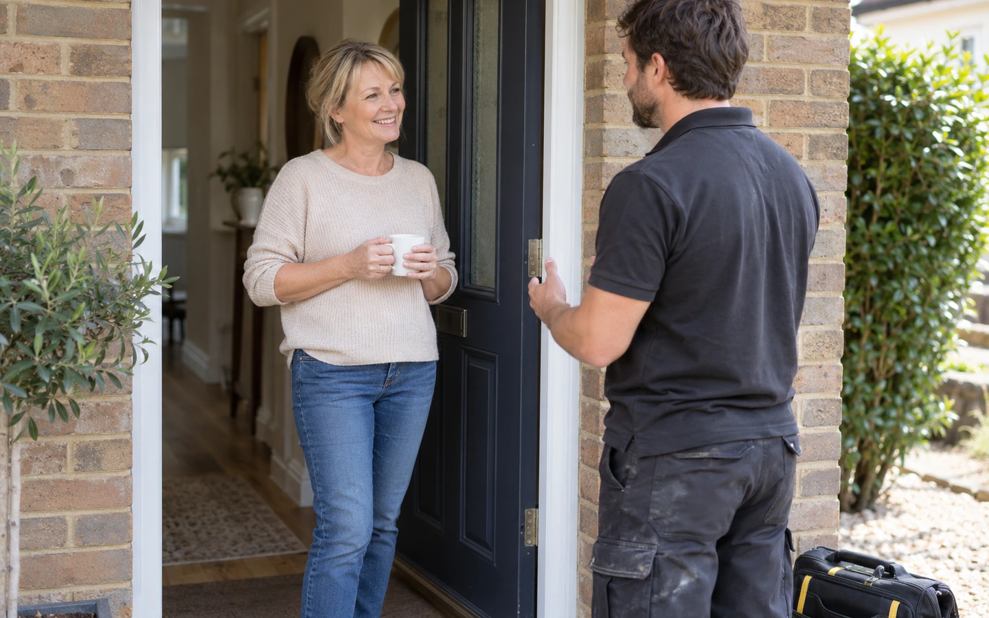 A smiling homeowner holding a phone beside a freshly finished tiled bathroom wall