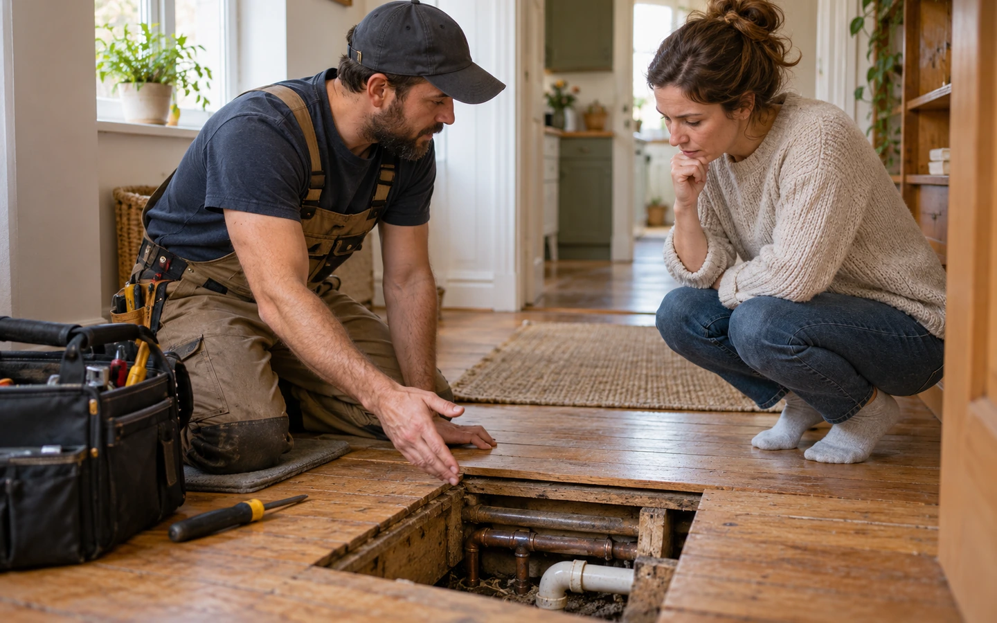 A tradesperson showing a homeowner an unexpected problem behind a lifted floorboard, both looking down