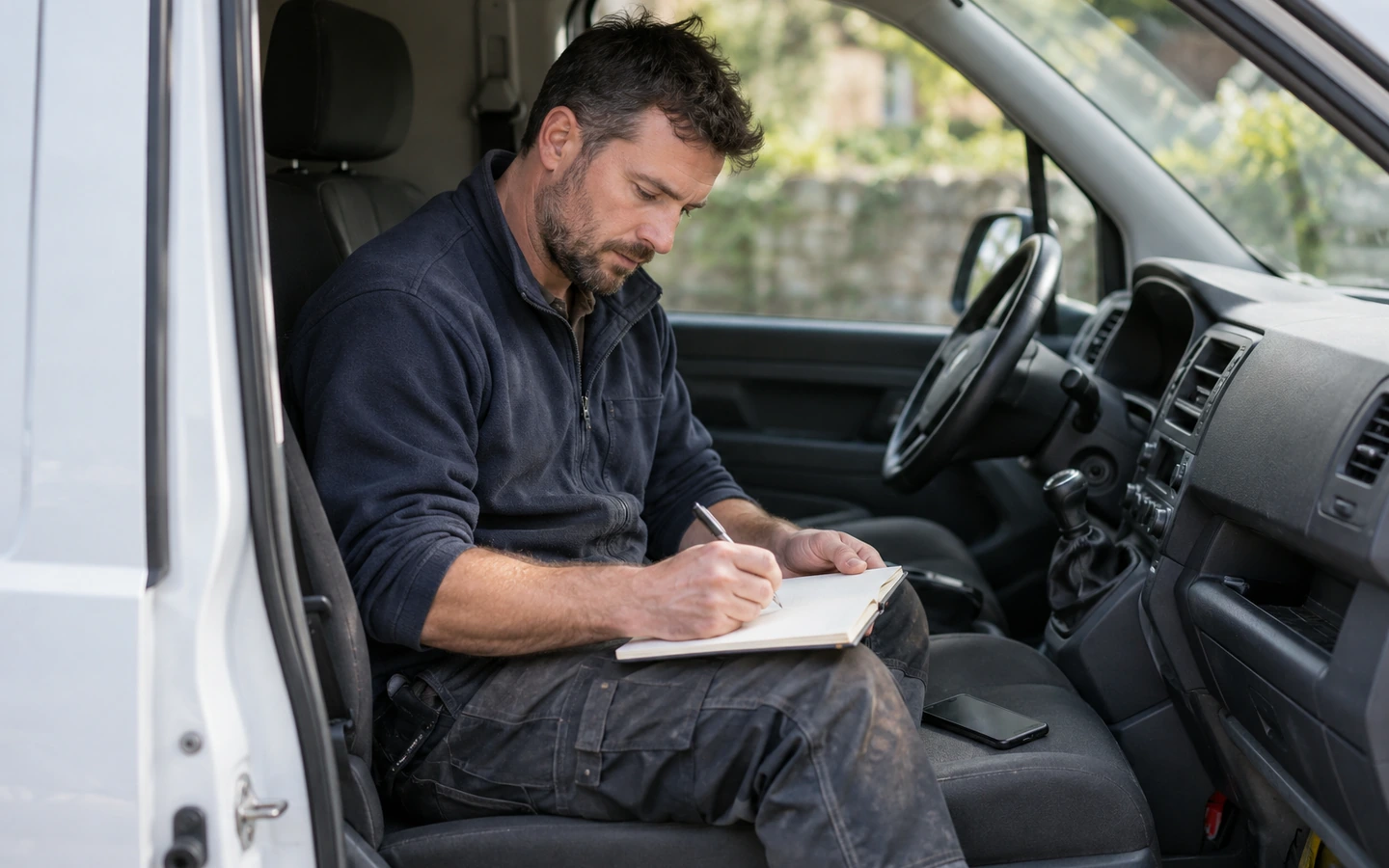 A notebook and phone with scribbled job notes on a van seat beside a tape measure