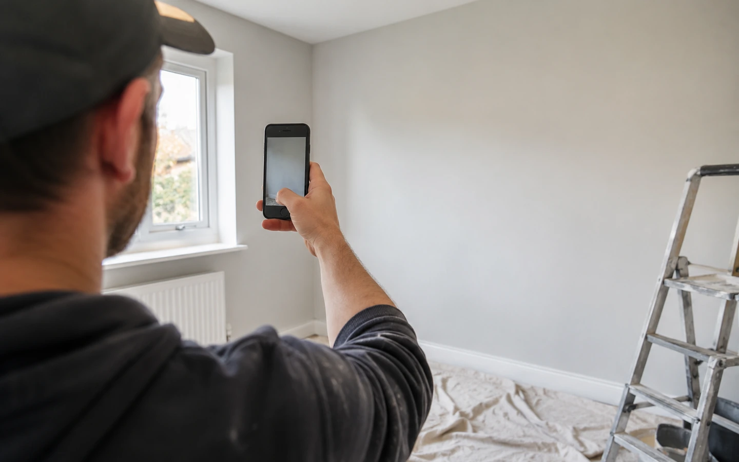 A phone photographing a freshly painted wall, a ladder and dust sheet in the corner