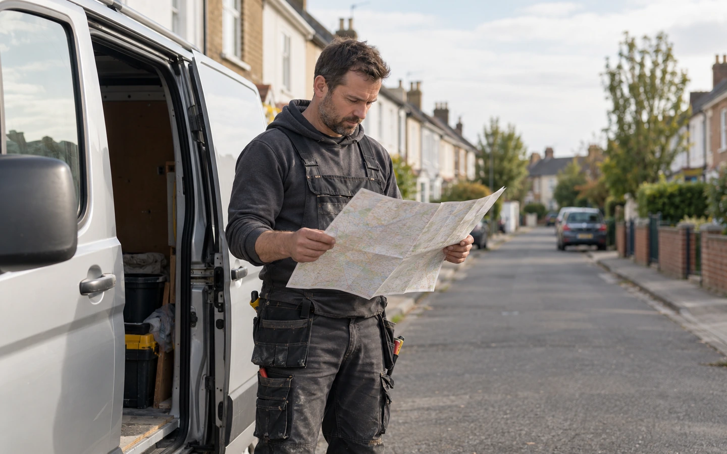 A van dashboard view of a road map on a phone, with terraced streets ahead