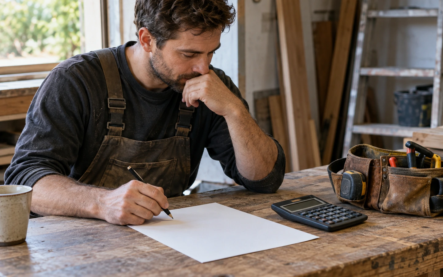 A calculator, a notepad of numbers and a mug on a workbench beside a tool belt
