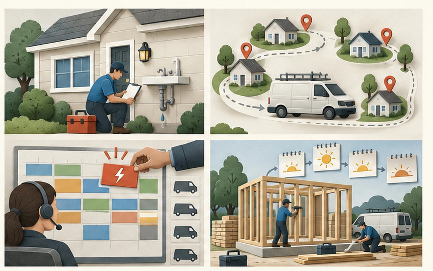 Four field-service operating patterns: one-off repair, recurring route, urgent dispatch and multi-stage project