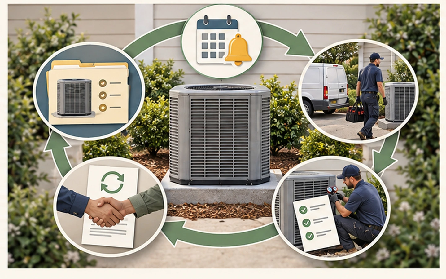 An HVAC maintenance-agreement cycle linking equipment history, reminder, visit, service record and renewal