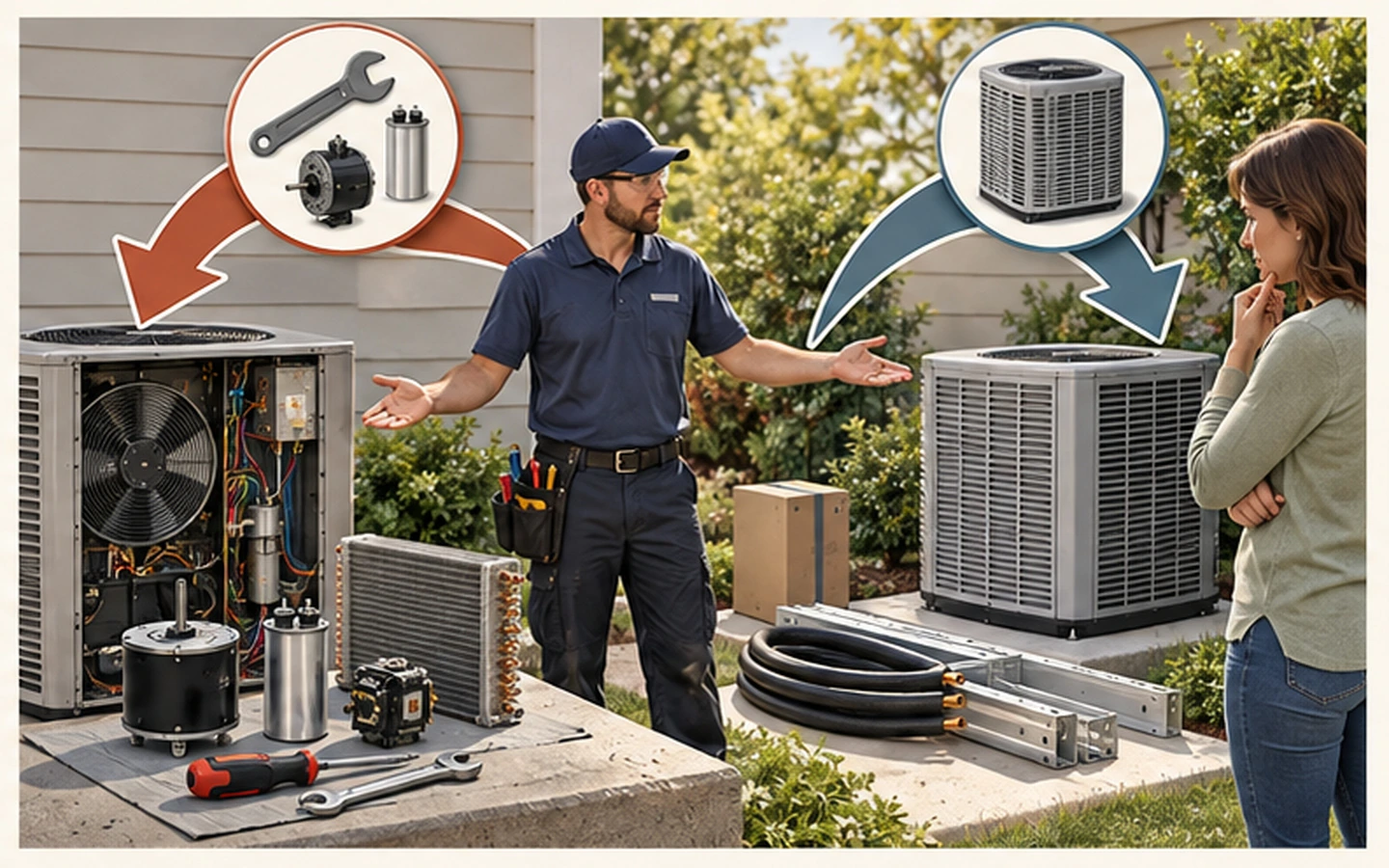 An HVAC technician presenting repair of an opened unit against replacement with a new unit