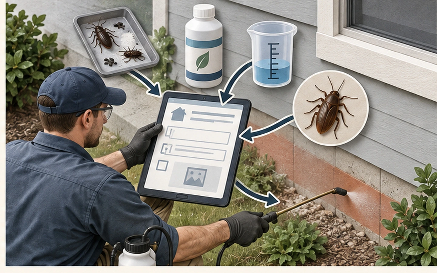 A pest technician recording the finding, product, quantity, application, treated area and property record