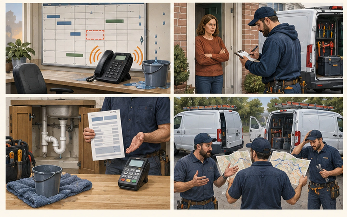 Four plumbing bottlenecks: missed emergency, slow quote, unpaid repair and dispatch conflict