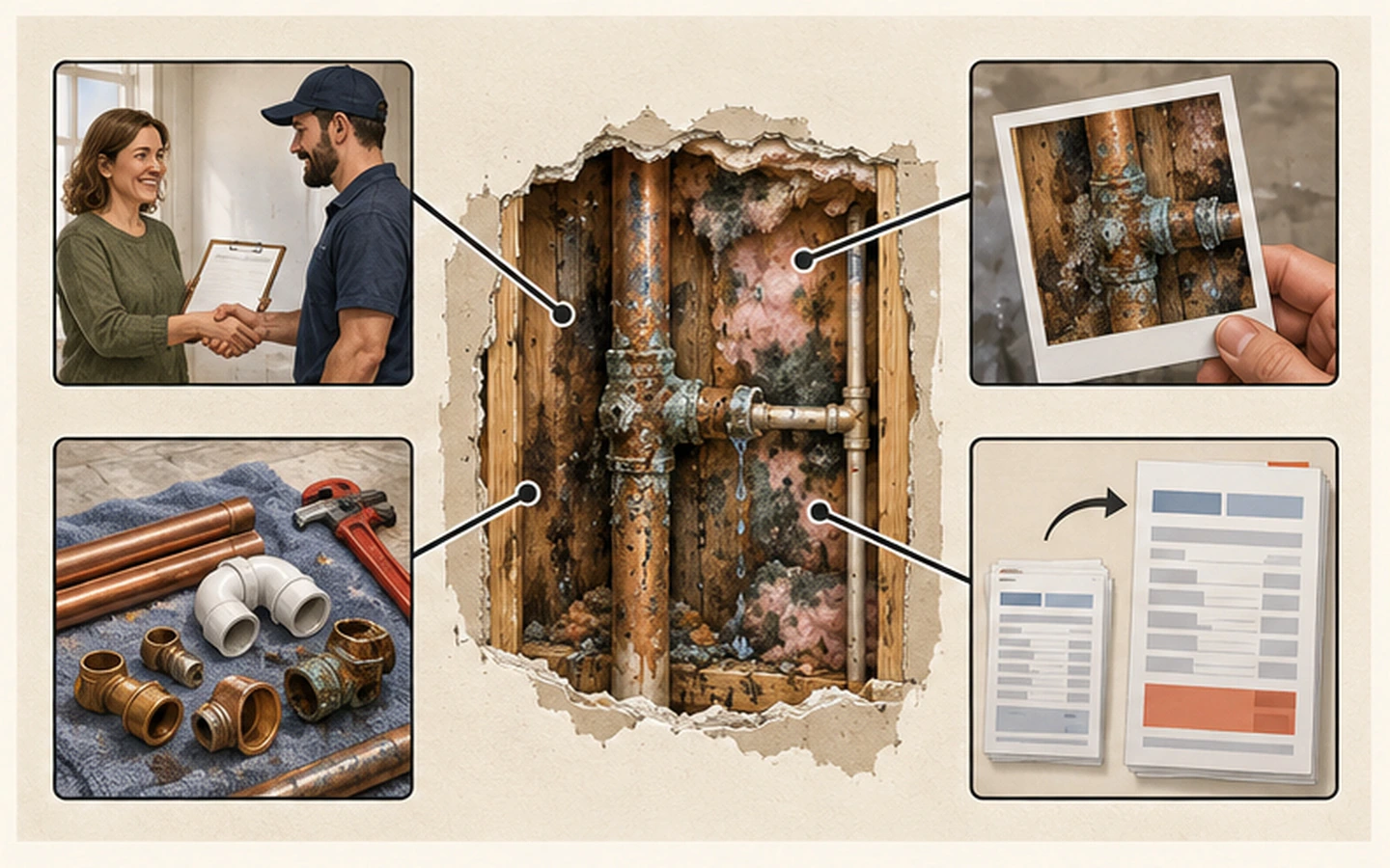 Hidden pipe damage linking customer approval, site photo, extra fittings and the revised invoice