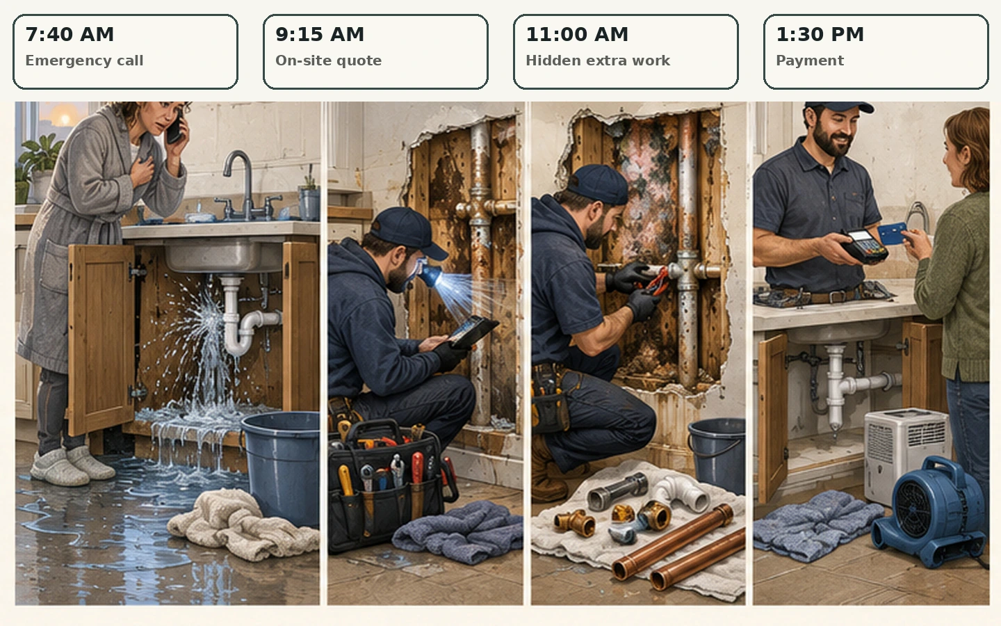A plumbing morning at 7:40 emergency call, 9:15 quote, 11:00 hidden extra work and 1:30 payment