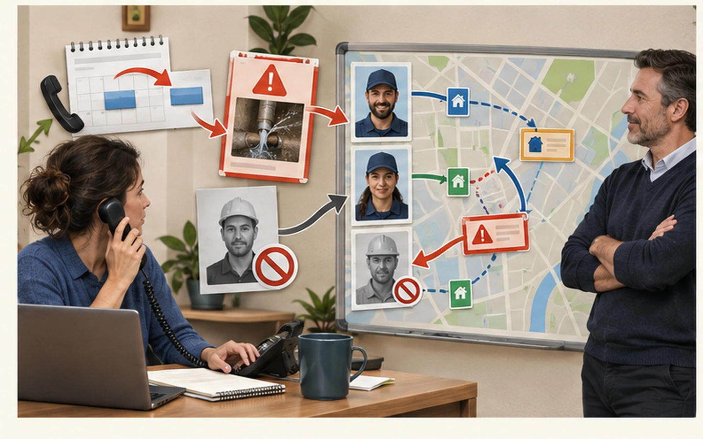 An appointment change, urgent job and unavailable worker disrupting the office-to-field handoff